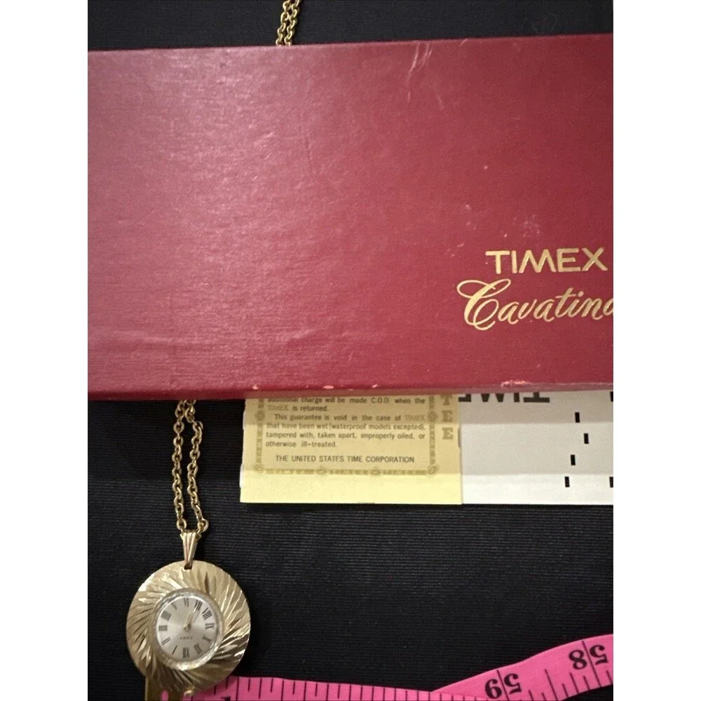 Vtg Timex Cavatina Pendant Necklace Watch Women’s Gold Tone Manual W/Chain & Box